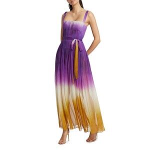 $7990 Oscar De La Renta Pintuck Abstract Ombre Silk Chiffon Maxi Dress Size 2